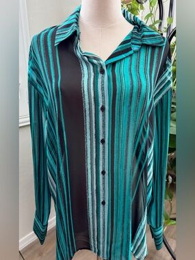 Worthington Teal and Black Striped Button-Up Blouse